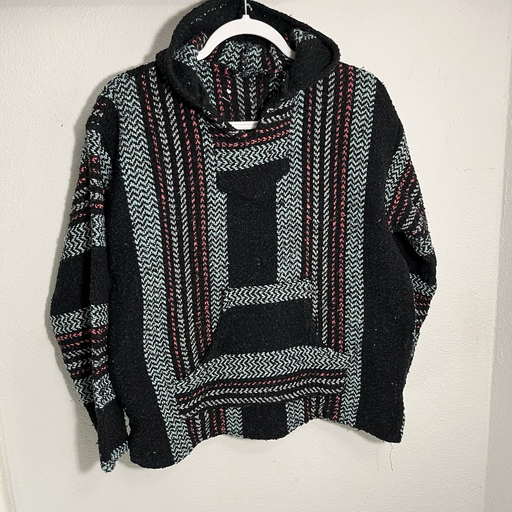 Baja Joe Hoodie M  Pullover Drug Rug Striped Blue Black Red Grunge Punk Western